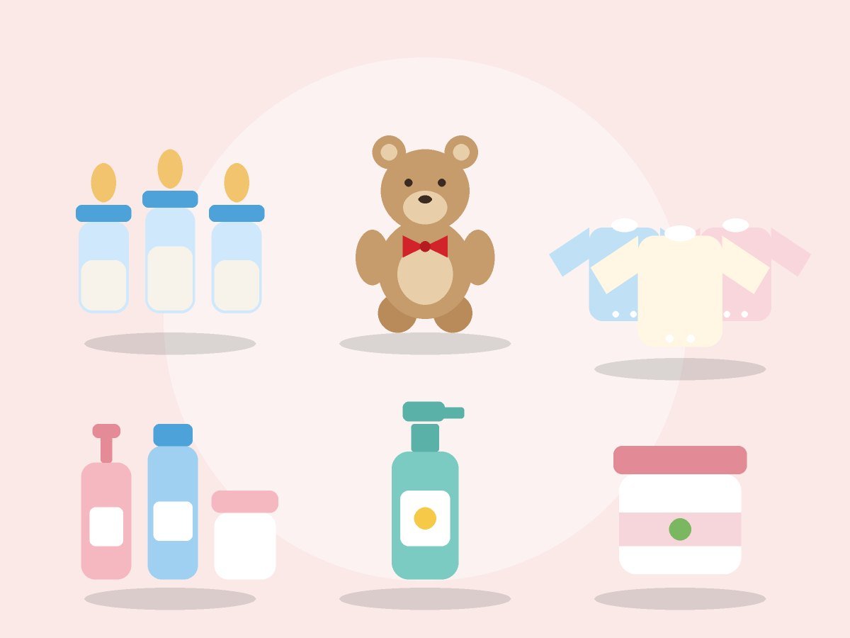 Baby and mother care products: feeding bottles, plush teddy, cotton onesies, baby care set, bath wash and cream