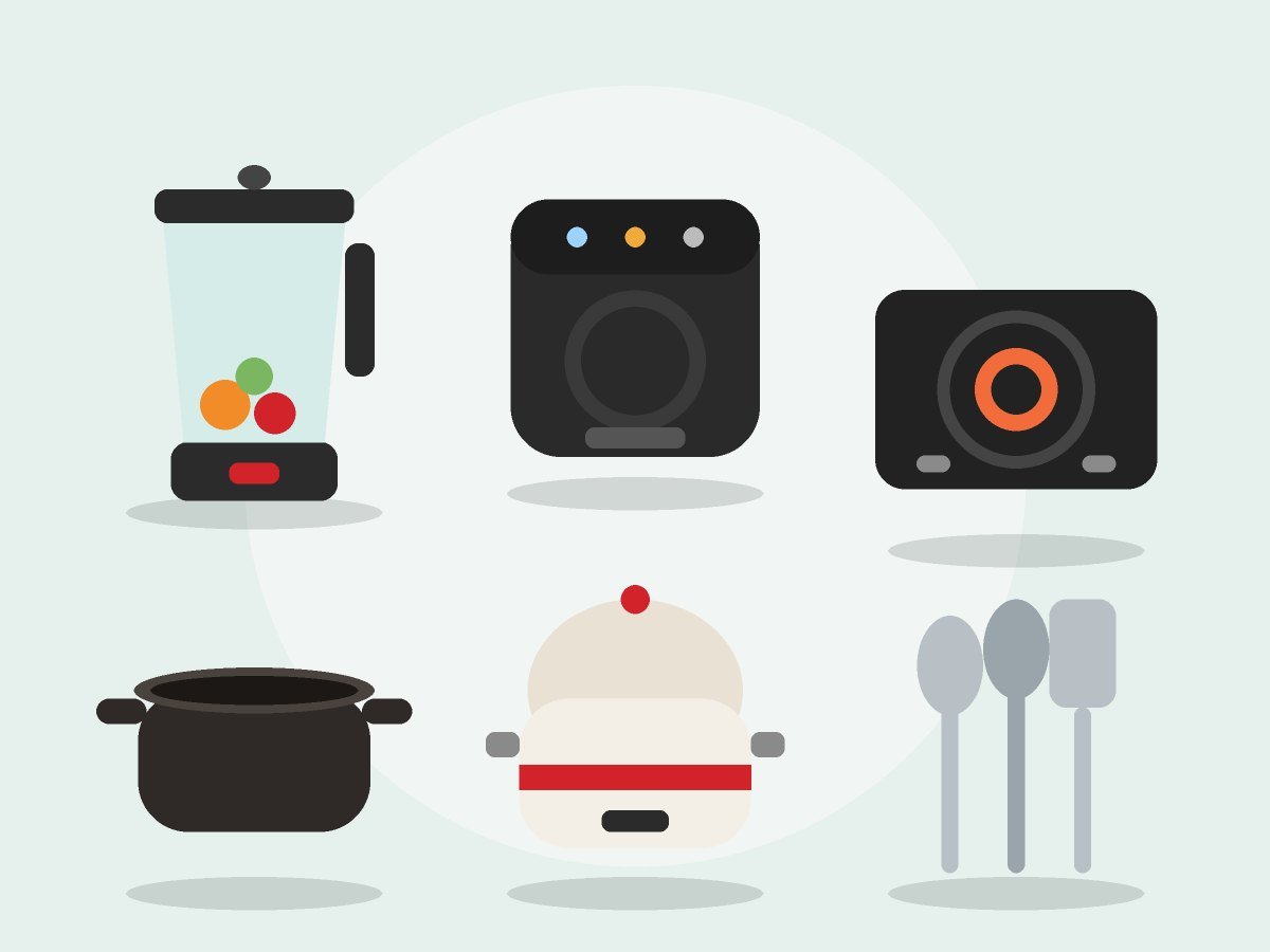Home and kitchen products: blender, air fryer, induction cooker, cast iron cookware, rice cooker and utensils