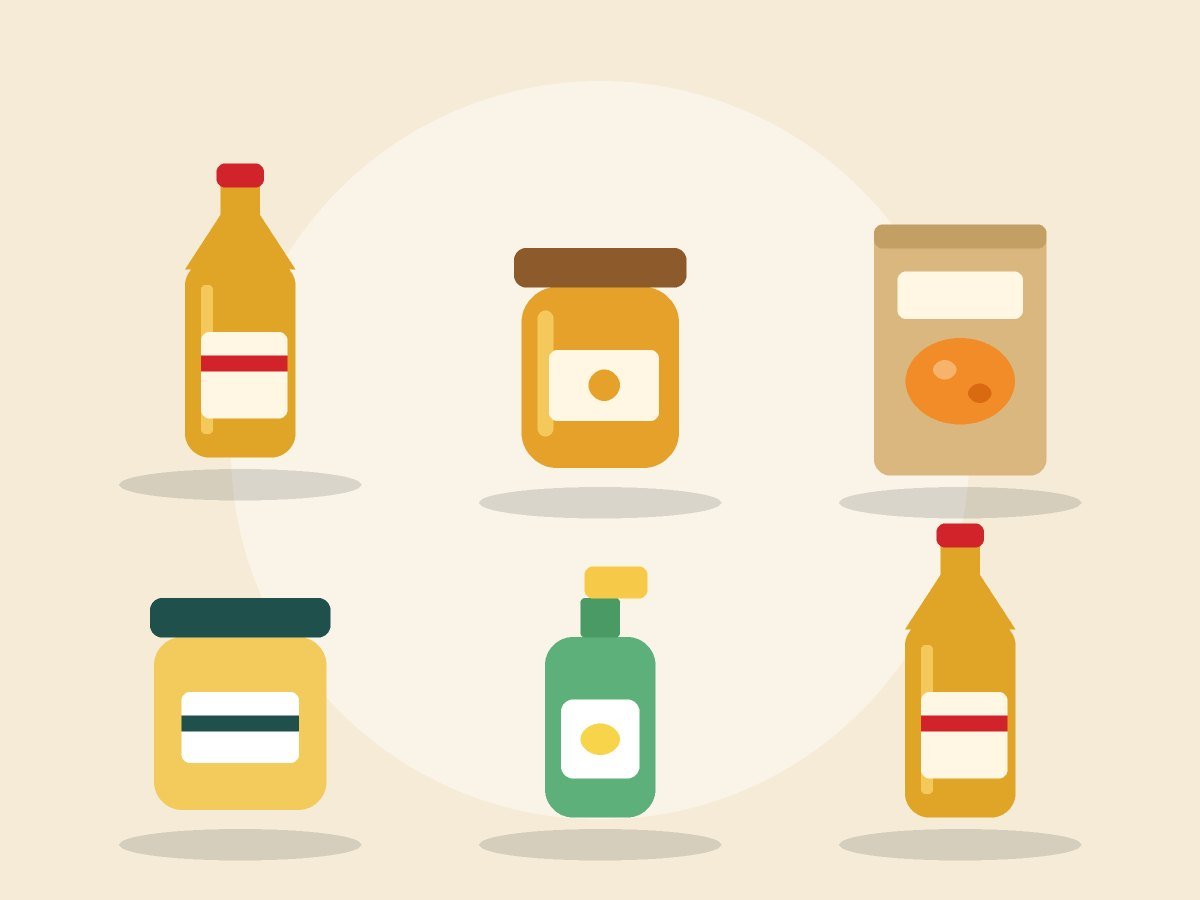 Natural and everyday products: mustard oil, honey, lentils, ghee and dishwashing liquid